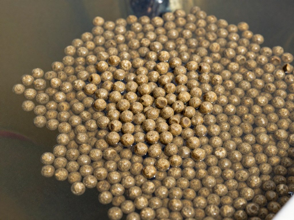 Floating fish feed pellets on water surface in a Nigerian fish farm Floating fish feed pellets on water surface in a Nigerian fish farm
