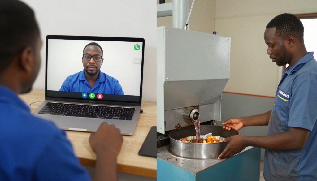 MAIKONG technician providing remote support to Nigerian customer via WhatsApp