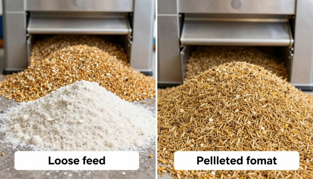 Comparison of loose feed ingredients versus uniform pelleted feed produced by MAIKONG machines
