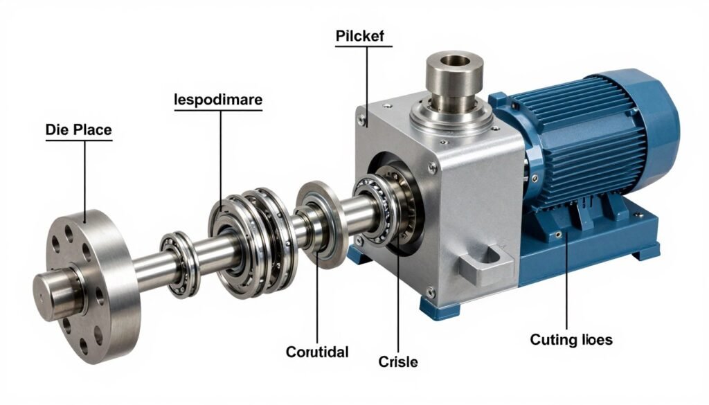 Diagram showing the key components of a pellet machine including die, rollers, and transmission system