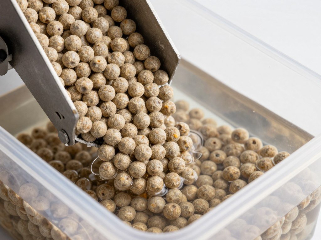 Fish feed pellets floating in water demonstration Fish feed pellets floating in water demonstration