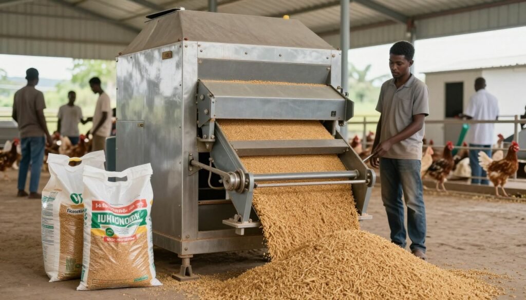 MAIKONG Poultry Feed Pellet Machine in operation at a Nigerian farm