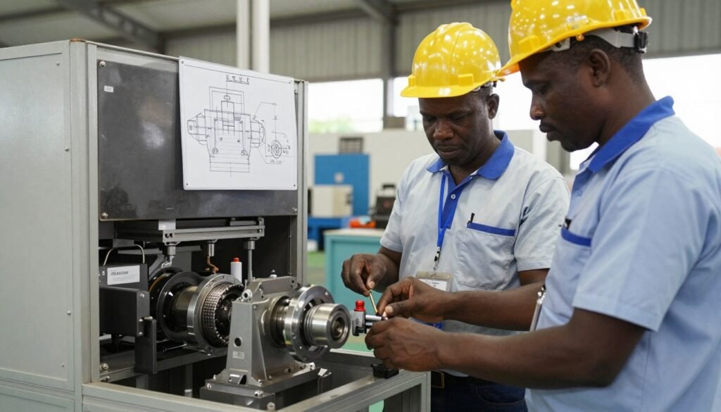 MAIKONG engineers customizing a pellet machine for specific client requirements