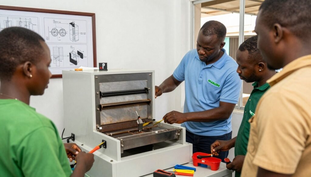 MAIKONG technical support team assisting a Nigerian customer with pelleting machine maintenance