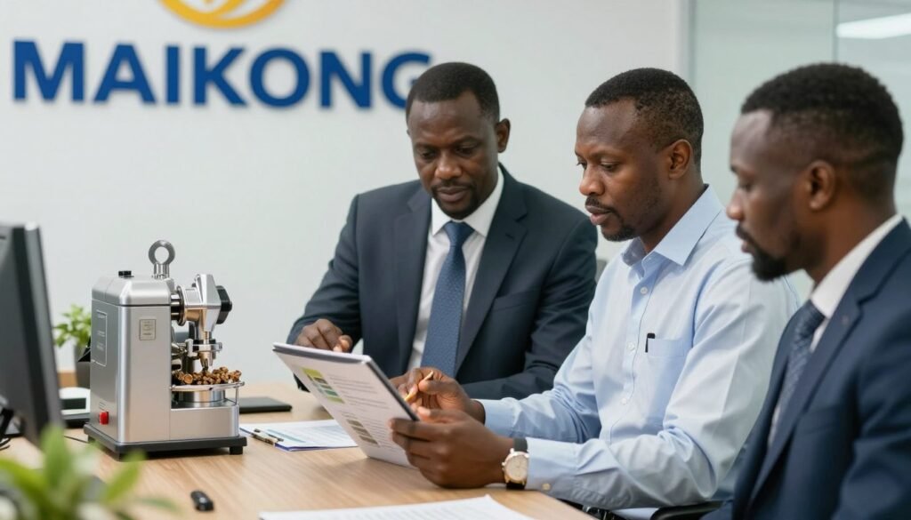 Nigerian business owner consulting with MAIKONG expert about pellet machine selection