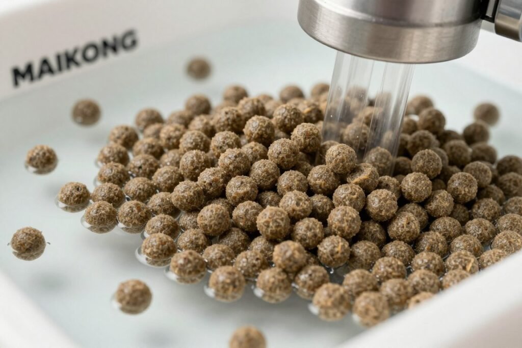 Sinking fish feed pellets produced by MAIKONG machine