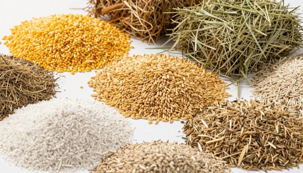 Various raw materials used in rabbit feed pellet production with MAIKONG machines