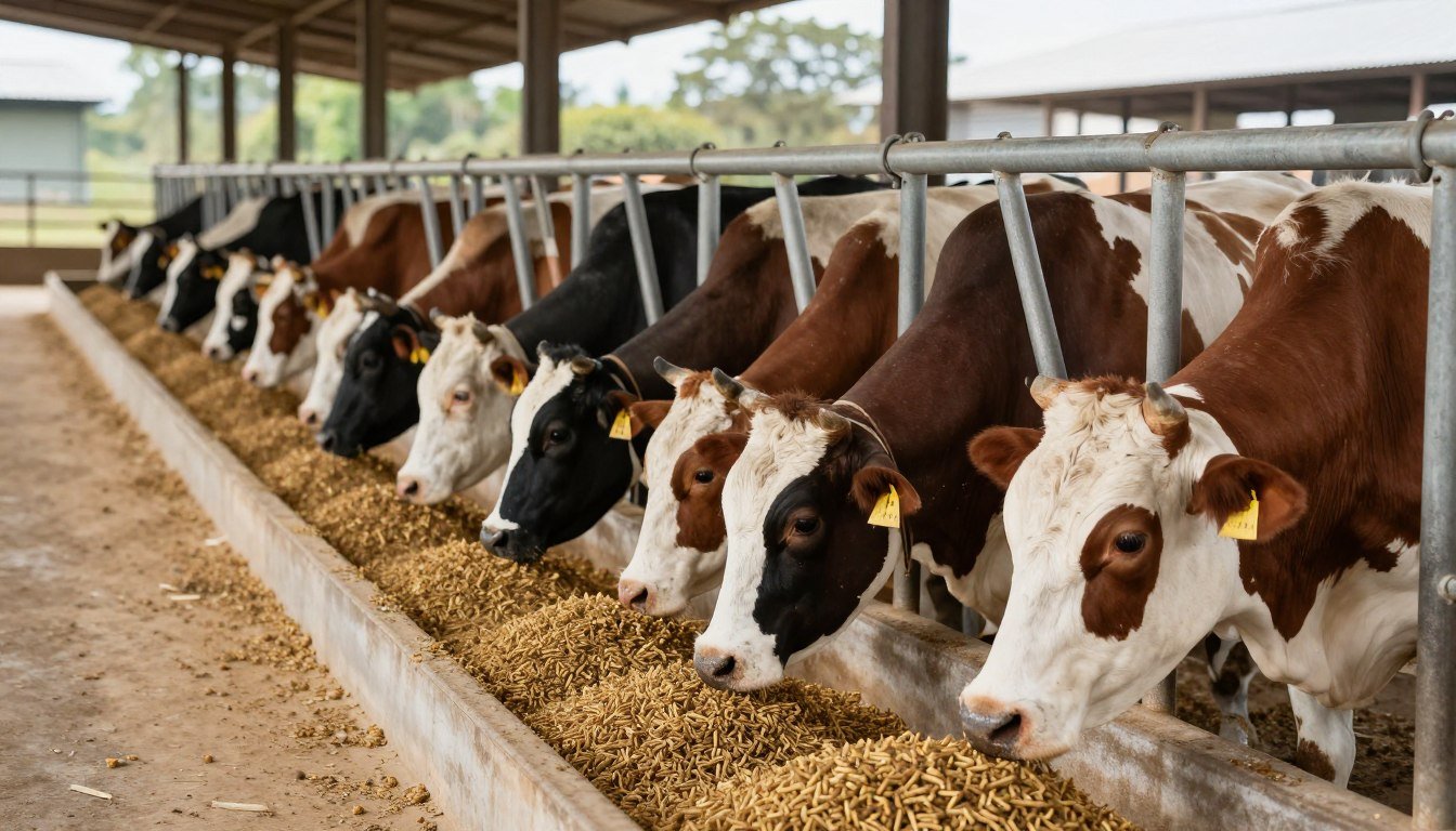 Cattle Feed Pellet Mill: Processing Grass and Grains 1 Cattle eating pelleted feed from a trough on a Nigerian farm