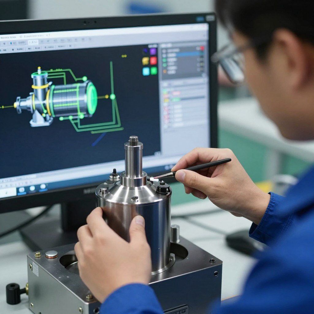 Engineer designing a feed pellet mill component Engineer designing a feed pellet mill component
