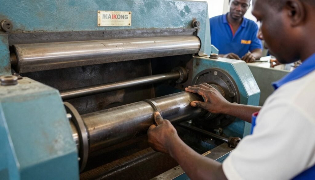 MAIKONG technician performing maintenance on a feed pellet machine