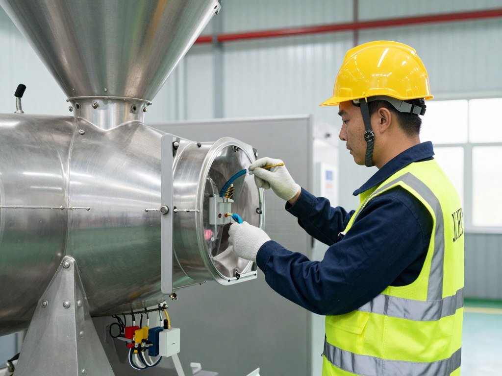 Operator performing safety check on MAIKONG pellet mill before operation