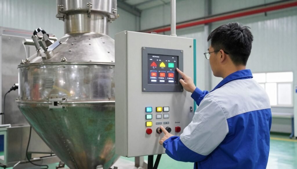 Step-by-step startup sequence for MAIKONG pellet mill with operator at control panel