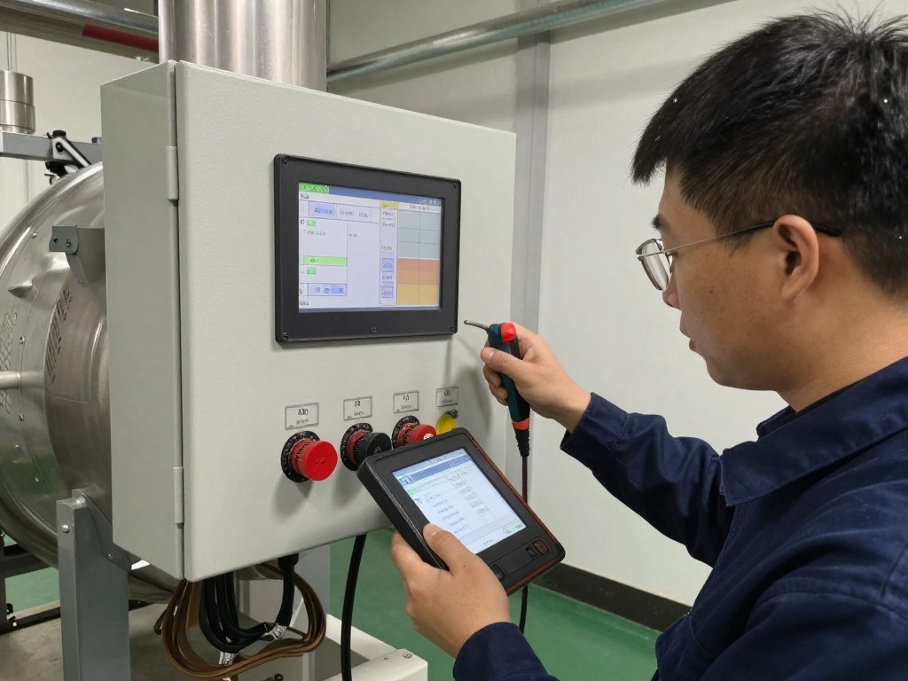Technician troubleshooting MAIKONG pellet mill with diagnostic equipment