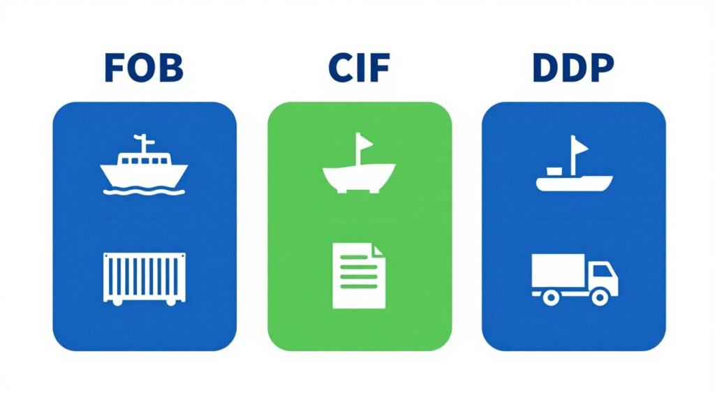 Comparison chart showing FOB CIF DDP shipping terms for feed machine imports