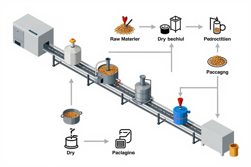 Complete wood pellet production line layout showing all manufacturing stages Complete wood pellet production line layout showing all manufacturing stages