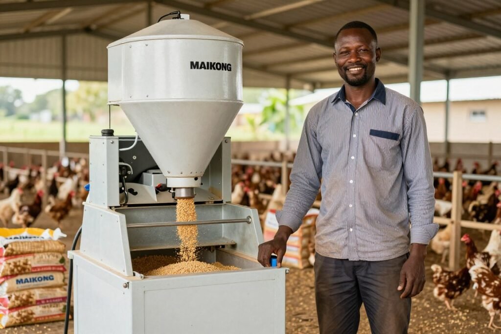 Happy Nigerian farmer standing beside new MAIKONG feed pellet machine at farm