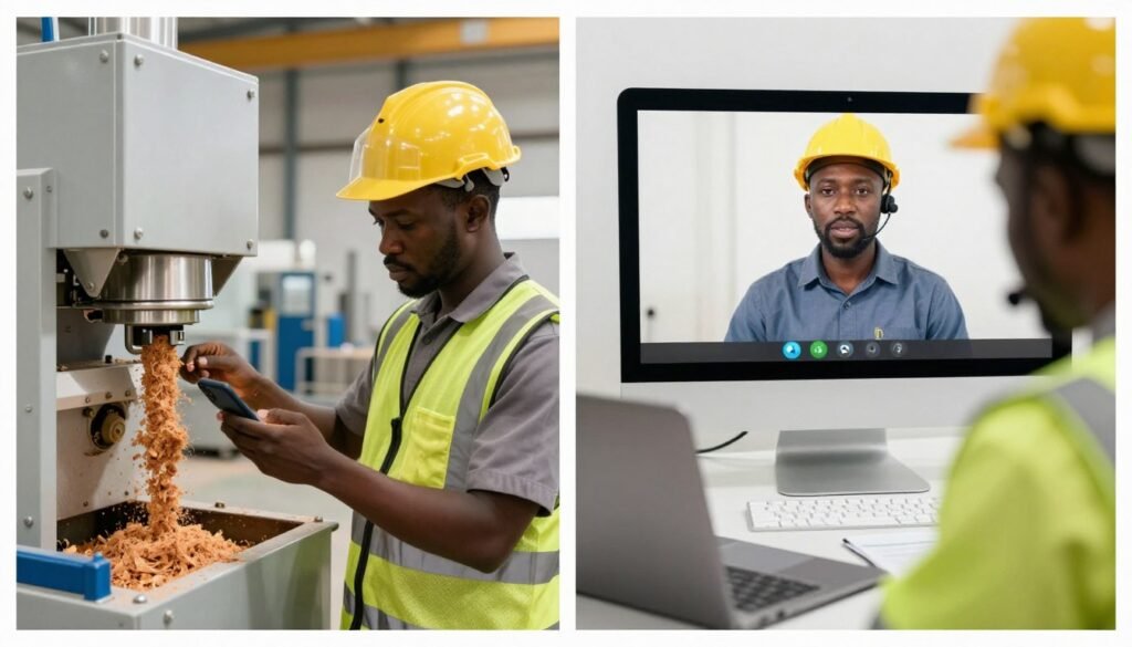 Technical support engineer providing WhatsApp video assistance for pellet machine installation Technical support engineer providing WhatsApp video assistance for pellet machine installation