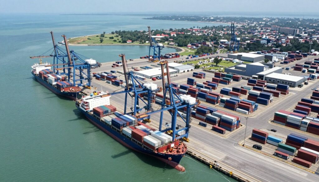 Aerial view of Apapa and Tin Can Island ports showing container yards and ships