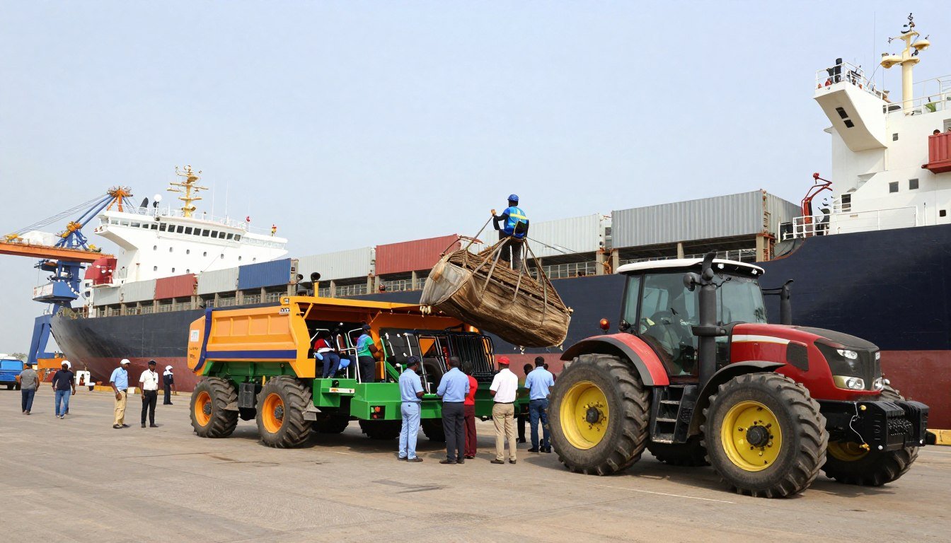 Agricultural machinery being unloaded at Nigerian port with customs officials inspecting equipment