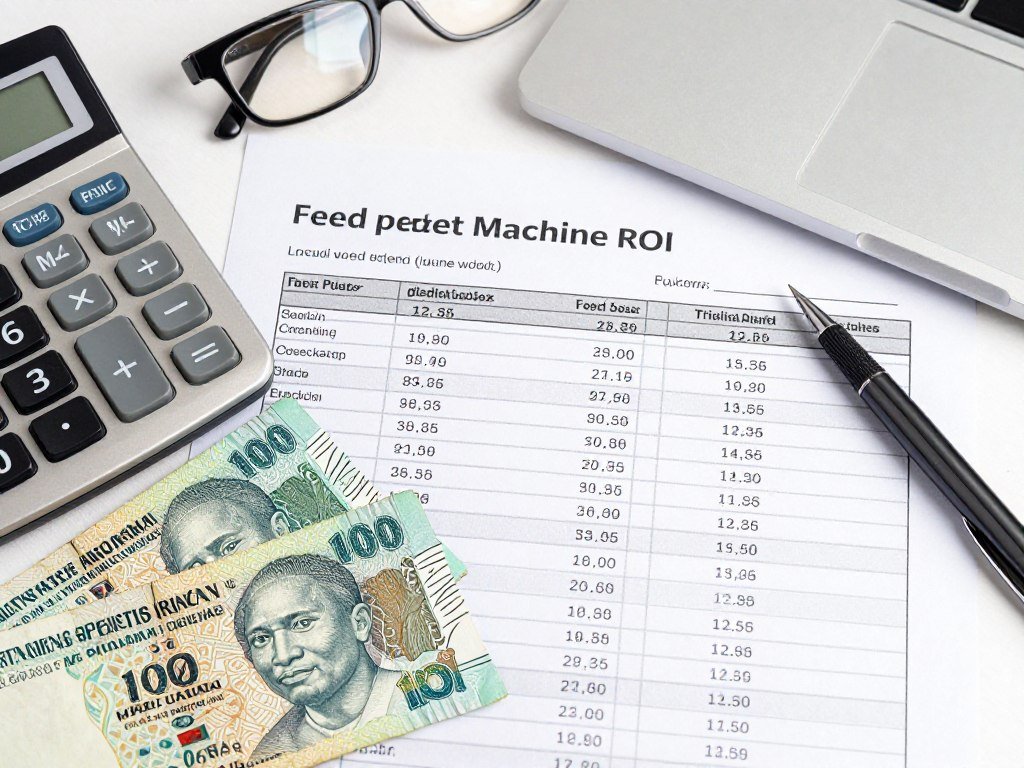 Calculator and financial documents showing ROI calculations for feed pellet investment