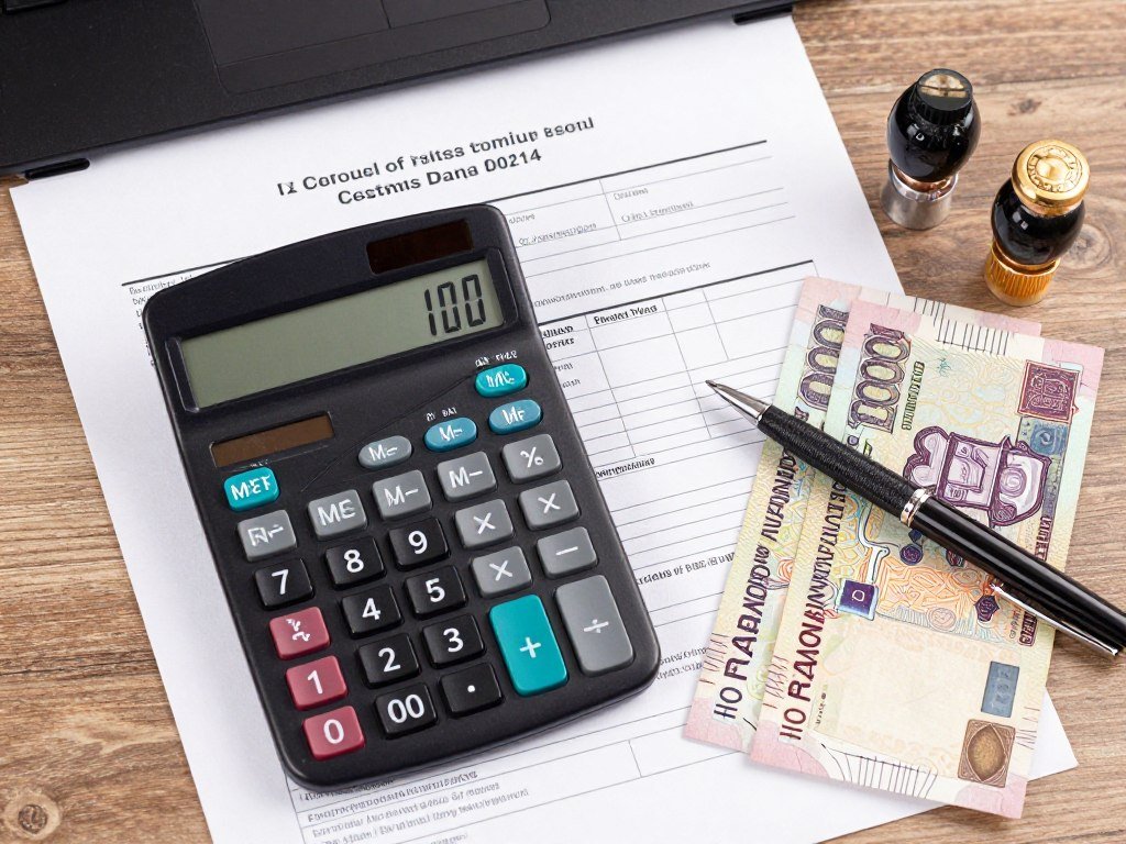Calculator with customs duty calculation papers and Nigerian currency