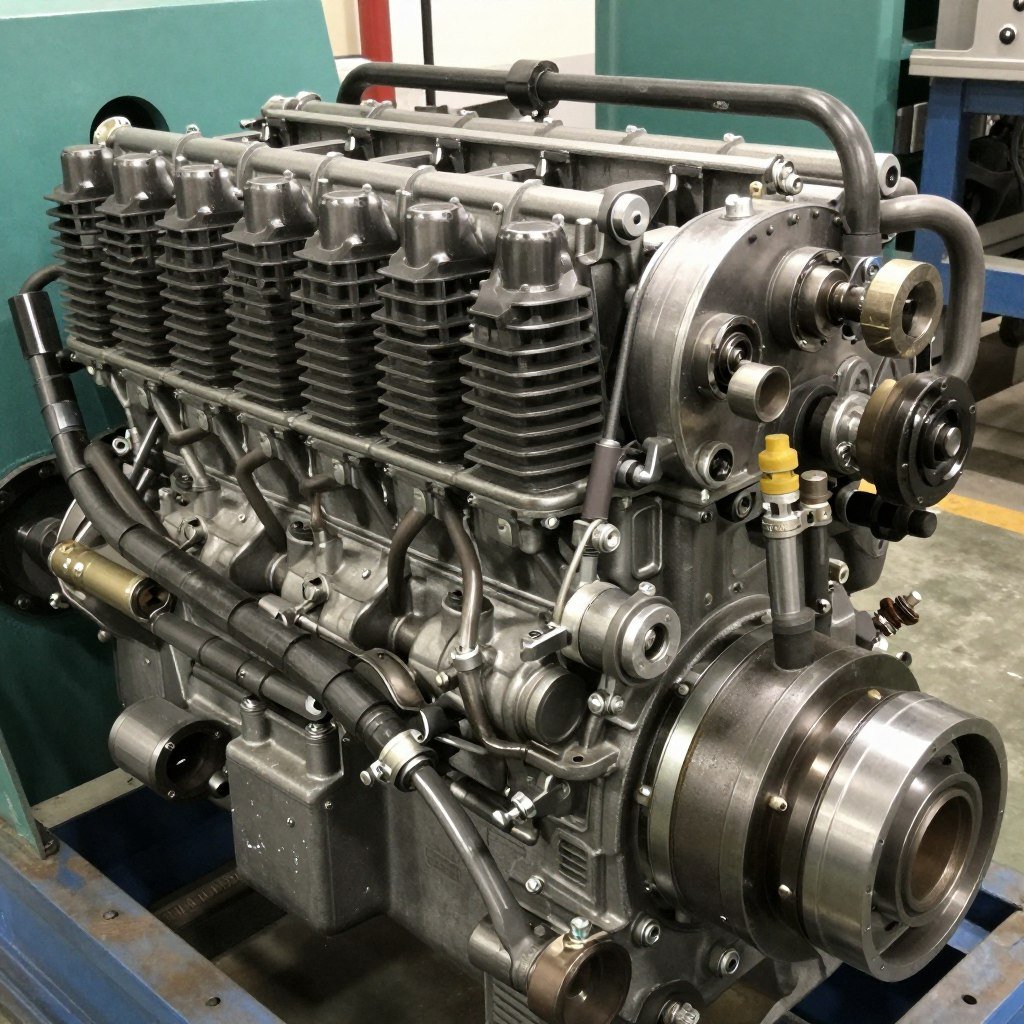Close-up of diesel engine on feed pellet machine