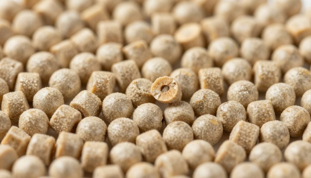 Close-up of high-quality feed pellets showing uniform size and texture