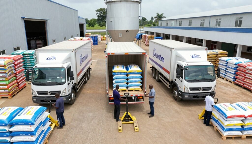 Commercial feed mill distribution trucks loading finished products in Nigerian facility