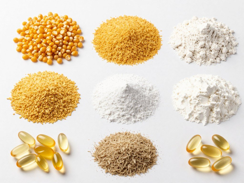 Common feed ingredients for duck and goose pellet production including grains and supplements Common feed ingredients for duck and goose pellet production including grains and supplements