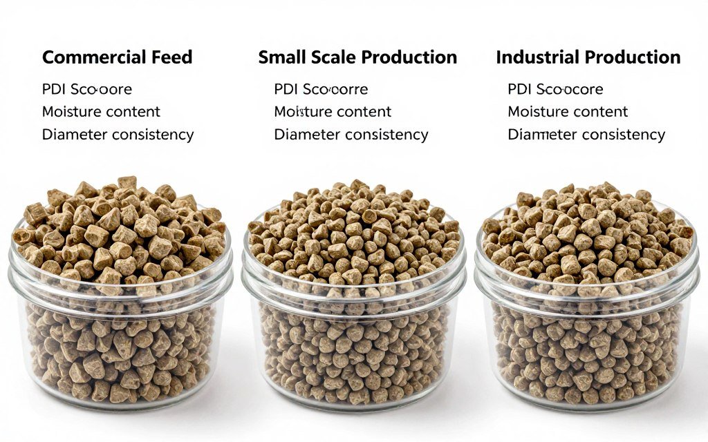Comparison of pellet quality from different production methods showing uniformity and durability