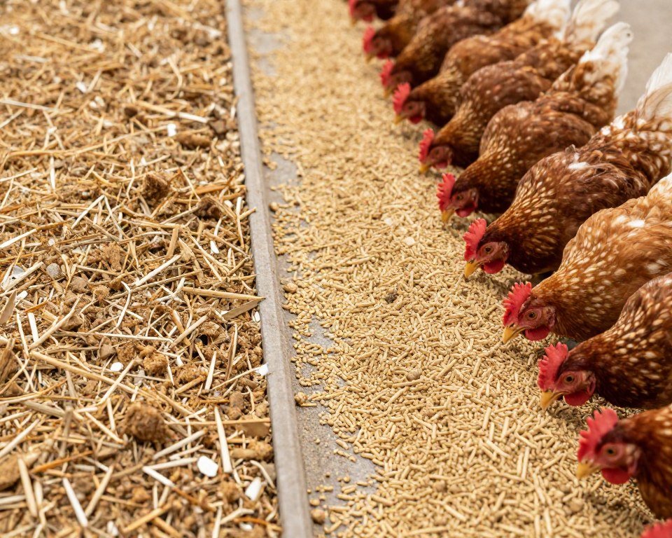 Comparison showing feed waste reduction between mash and pellet feed for poultry