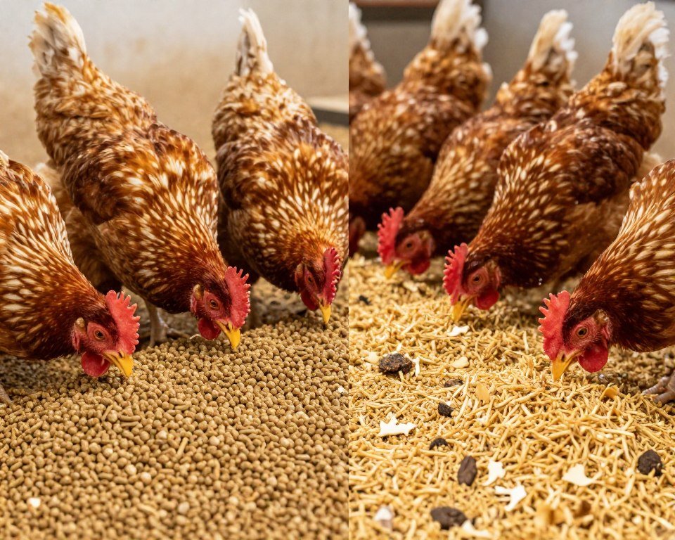 Comparison showing healthy chickens eating pelleted feed versus mash feed