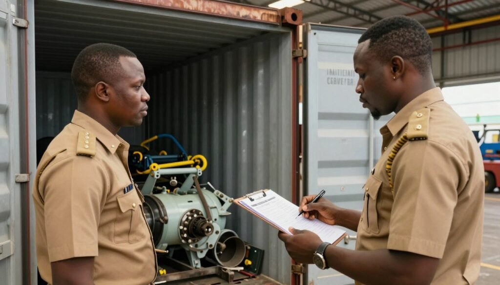 Customs officers inspecting agricultural machinery container at Nigerian port