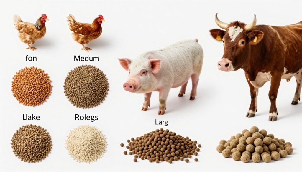 Different types of feed pellets for various livestock
