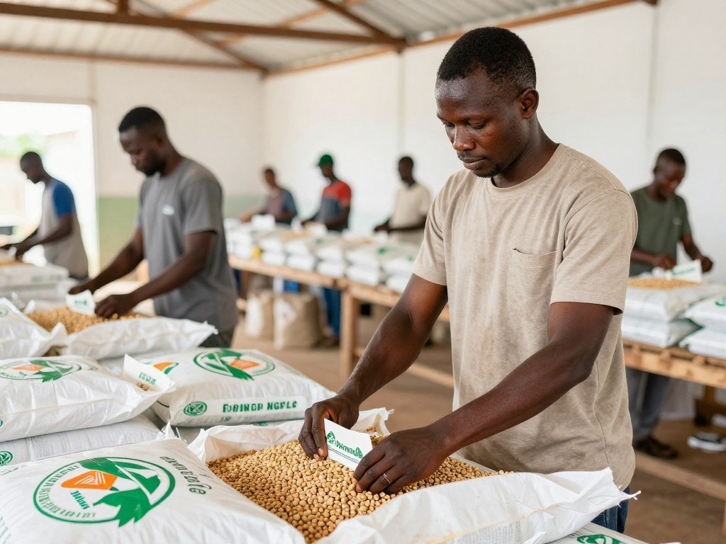 Farmer packaging branded feed pellets for commercial sale