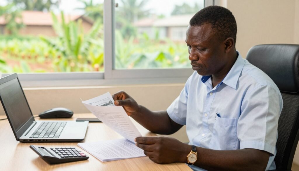 Farmer reviewing machinery specifications and documents