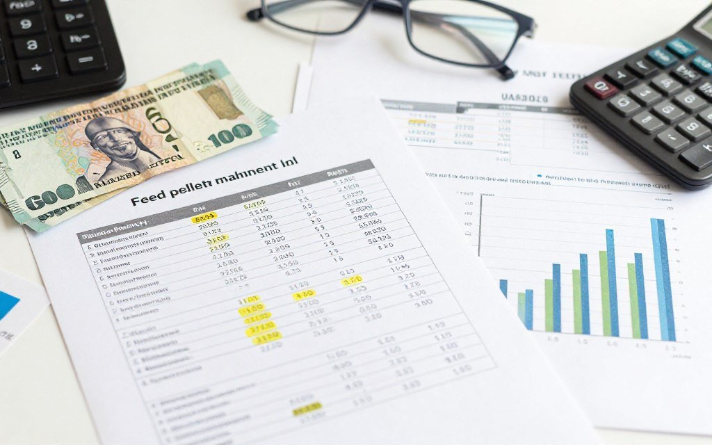 Financial calculator and documents showing feed pellet machine ROI calculations Financial calculator and documents showing feed pellet machine ROI calculations