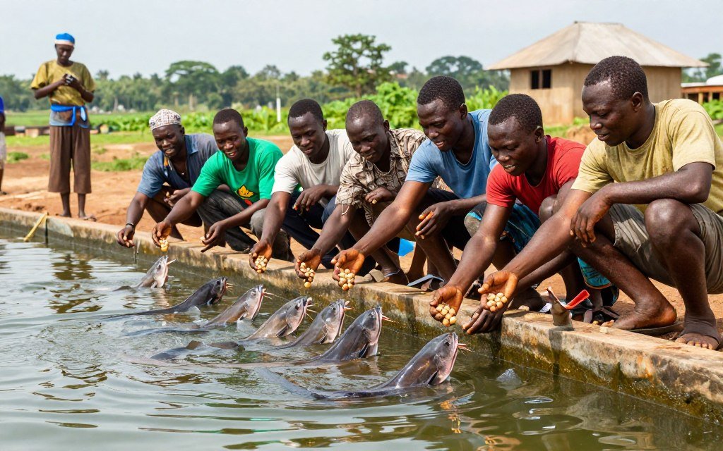 Fish farmers testing floating feed pellets in pond