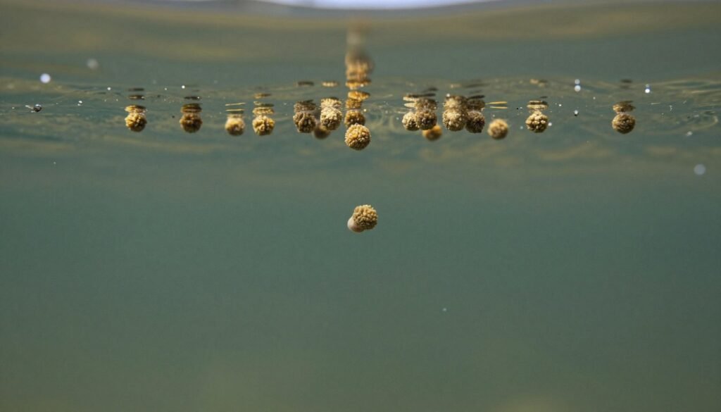 Floating fish feed pellets demonstrating proper buoyancy in water