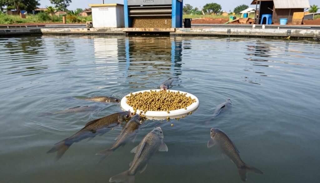Floating fish feed pellets in aquaculture pond with MAIKONG equipment background