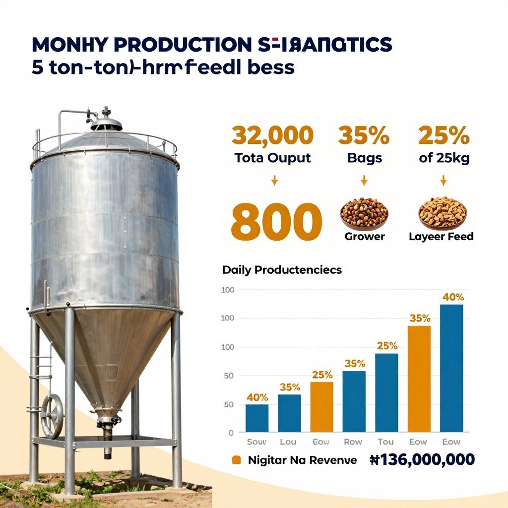 Industrial feed production monthly output visualization showing tonnage and revenue