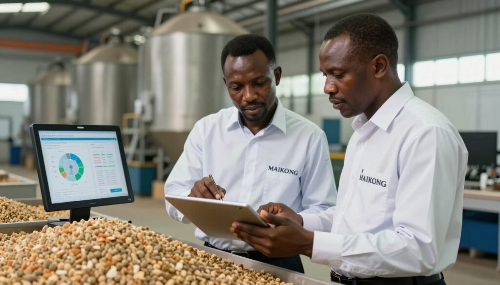 MAIKONG technical expert consulting with Nigerian feed mill operator