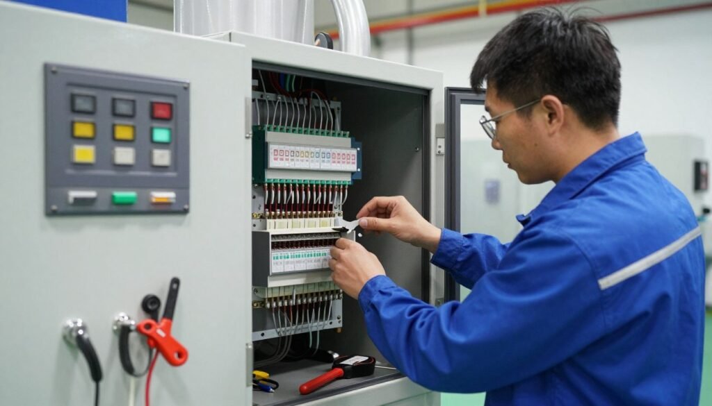 MAIKONG technician installing upgraded electrical protection on fish feed pellet machine