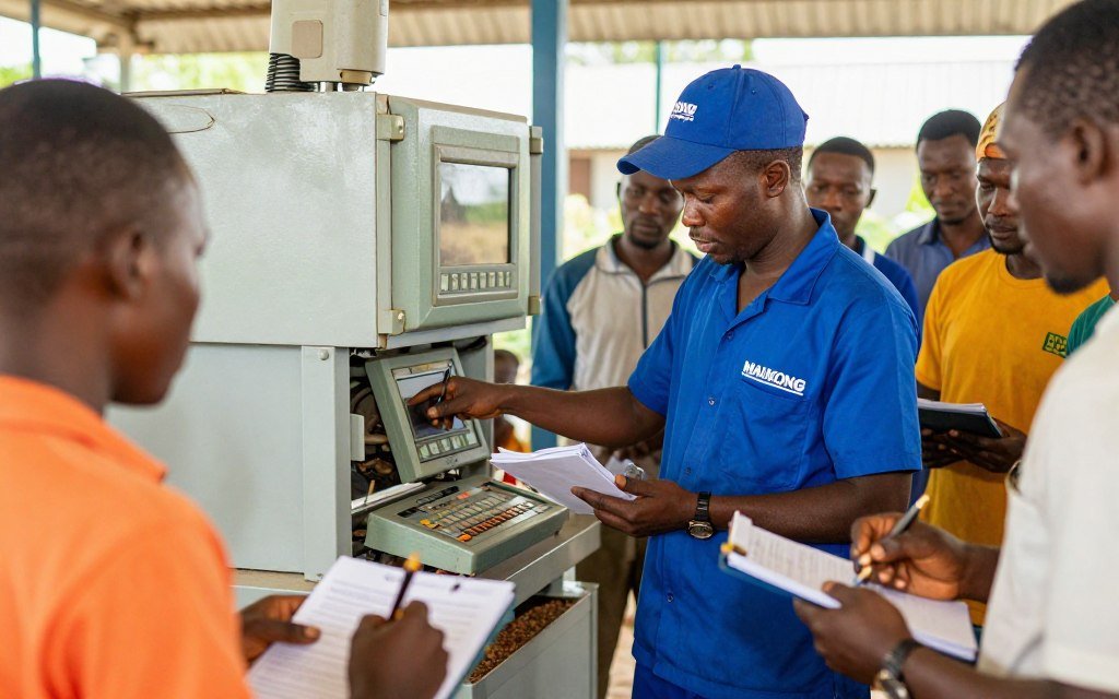 MAIKONG technician training Nigerian farm staff on feed pellet machine operation