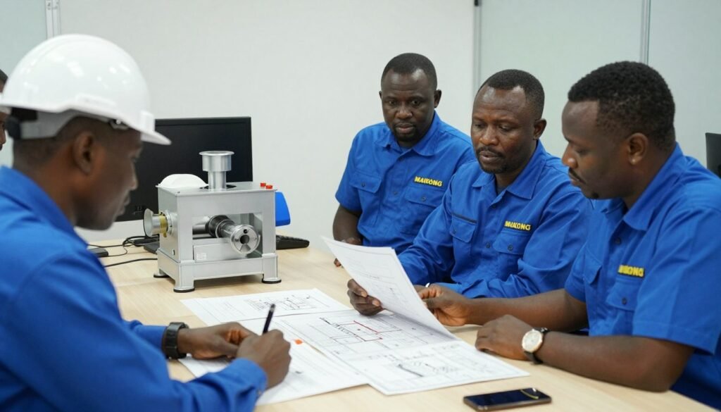 MAIKONG technicians discussing custom pellet machine specifications with Nigerian client