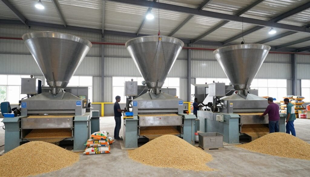 Multiple feed pellet machines in Nigerian feed mill showing different production capacities