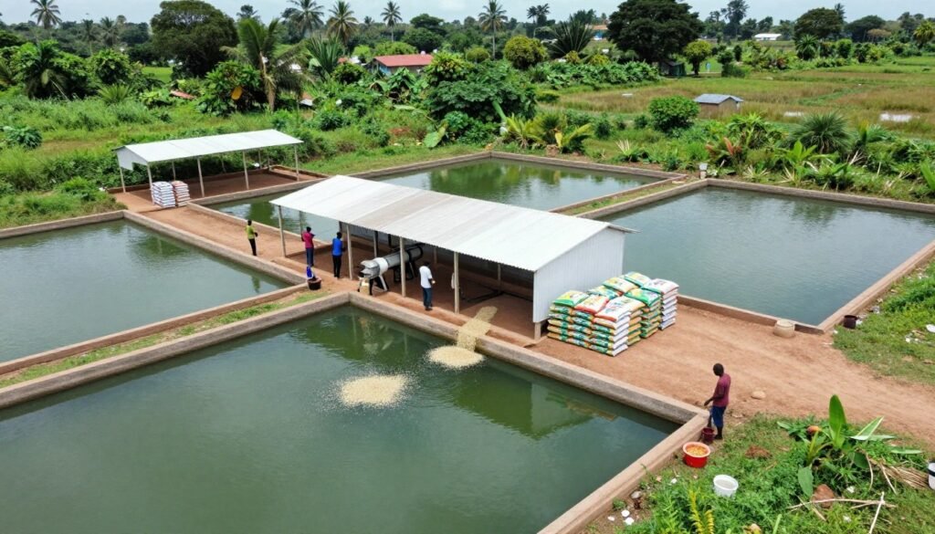 Nigerian catfish farm with floating fish feed production equipment and ponds