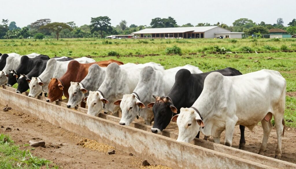 Nigerian cattle farm with livestock eating feed pellets from trough