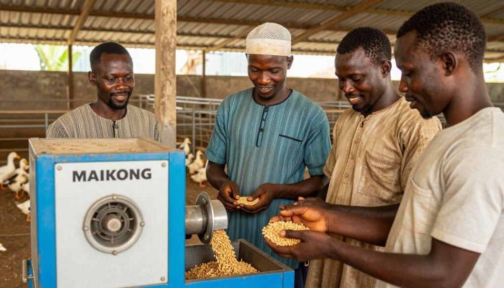 Nigerian duck farm using MAIKONG feed pelletizer machine with farmers inspecting pellet quality Nigerian duck farm using MAIKONG feed pelletizer machine with farmers inspecting pellet quality