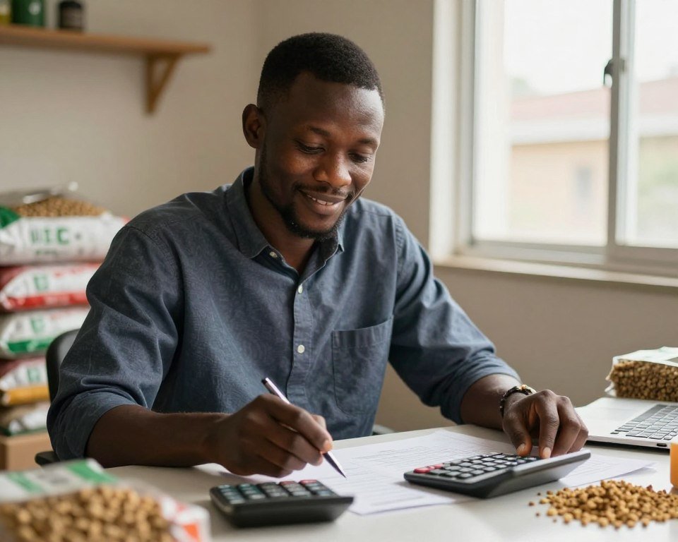 Nigerian farmer calculating feed production savings with MAIKONG machine Nigerian farmer calculating feed production savings with MAIKONG machine
